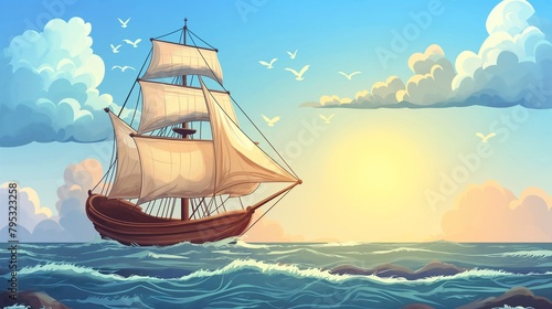 Retro sailboat featuring timber deck and canvas sails navigating through sea or ocean waves. Cartoon depiction of marine scenery with aged ship. Medieval maritime conveyance for leisure or angling.