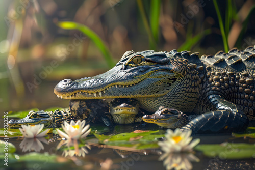 A mother alligator watches over her hatchlings. photo