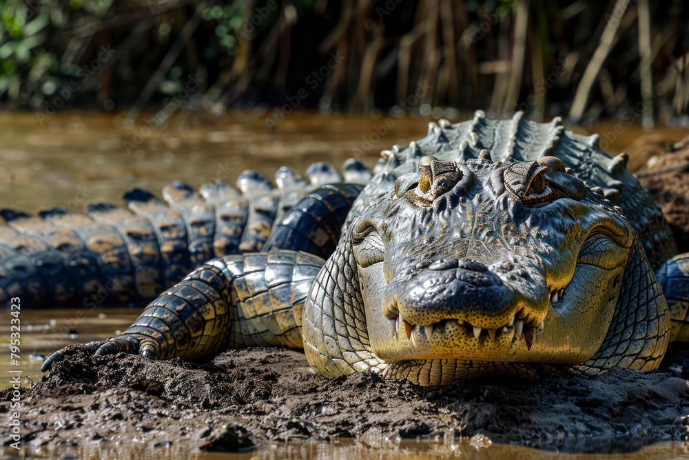 Fototapeta premium A massive crocodile basks on the banks of a muddy river.
