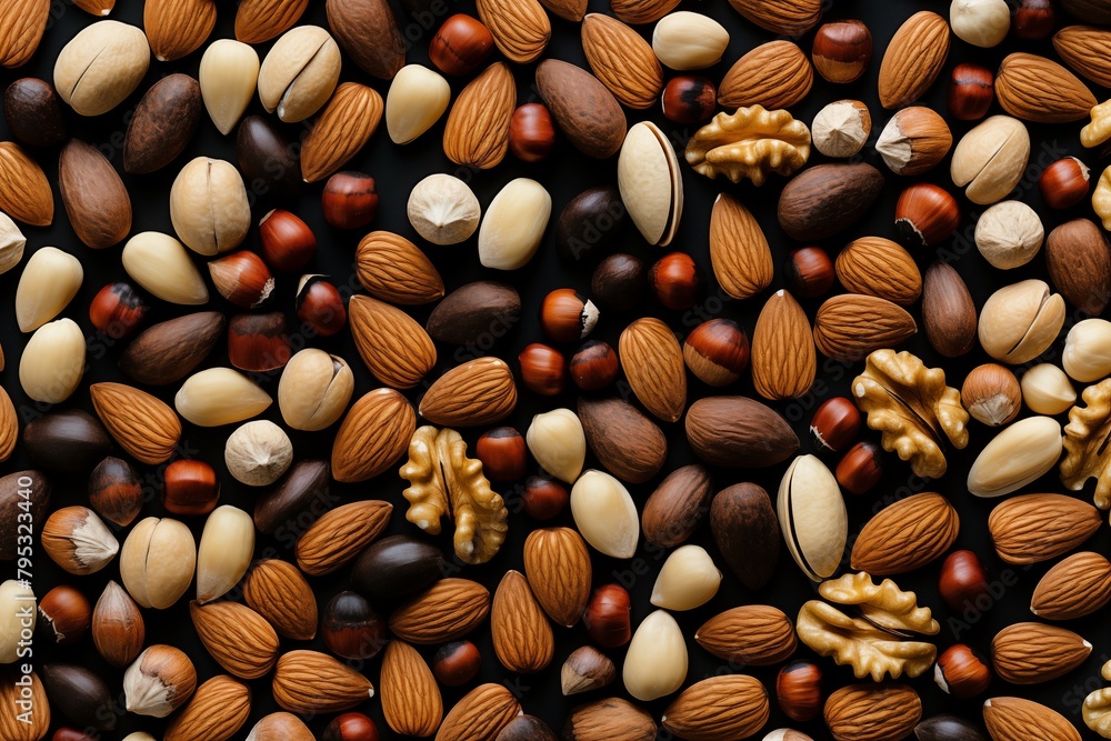 Composition of many nuts background and pattern Composition of many nuts background and pattern
