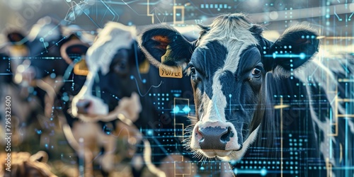 business illustration. dairy cows, overlay with colorful technological patterns, charts, waveforms photo