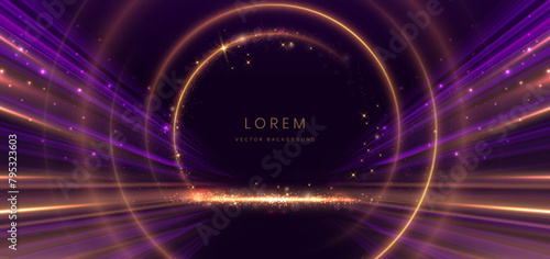 Luxury dark purple background with circle glowing blue and golden line lighting effect sparkle. Template premium award ceremony design.