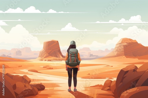 adventure girl in desert nature landscape illustration