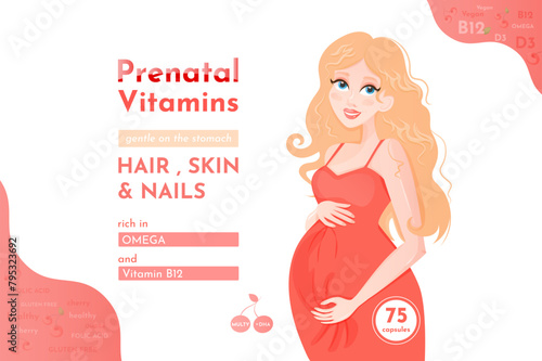 Prenatal vitamin packaging design. Pregnancy girl blond in a red dress hugs her belly. Vector illustration.