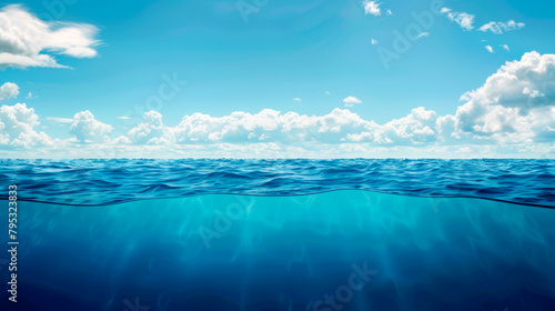 A mesmerizing underwater landscape with a blue liquid sky creating a stunning horizon. Coastal and oceanic landforms blend seamlessly in this natural view