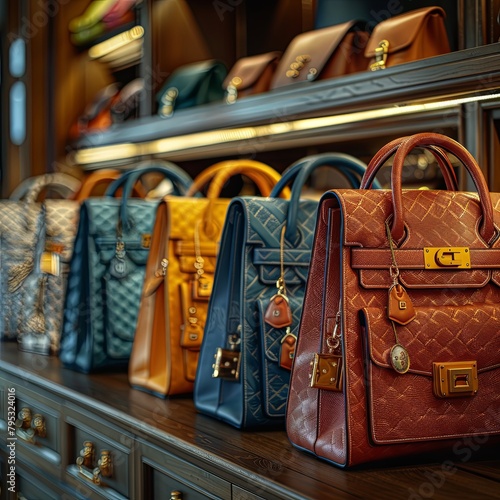 A variety of luxury handbags are displayed on a shelf in a high-end boutique.