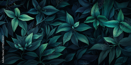 Moody midnight blue and emerald green botanicals forming an enchanting seamless backdrop.