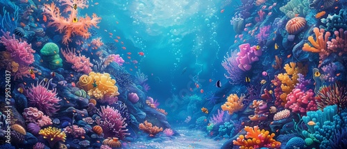 A beautiful painting of a coral reef with many different types of fish