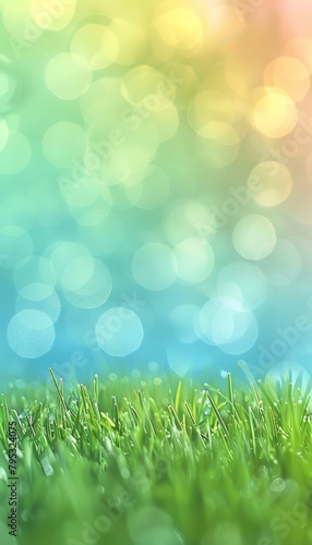 Blurred spring meadow defocused sunny background with blue sky to green grass gradient bokeh