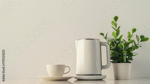 Electric kettle cup and houseplant on light background