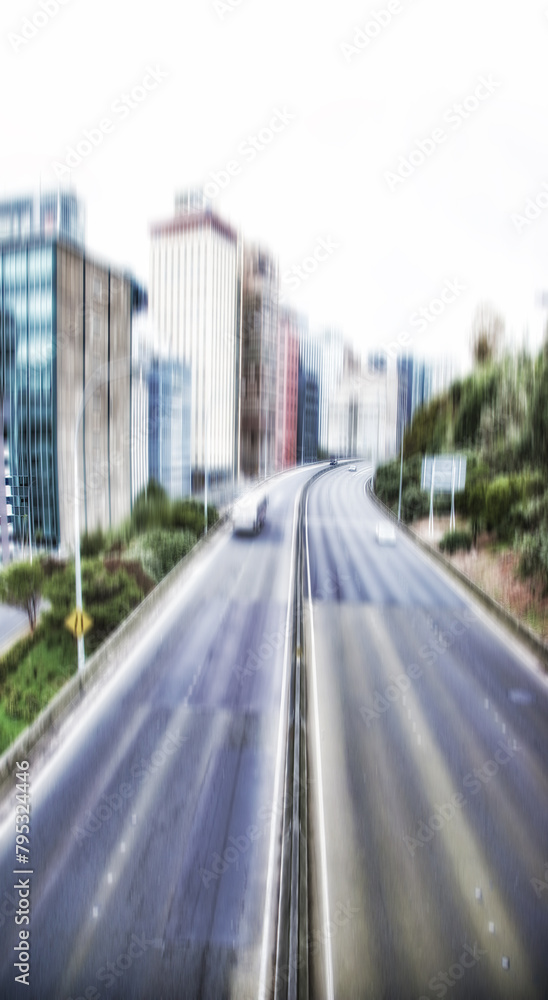 City, blur and motion with urban, abstract and street for New York cityscape and architecture. Manhattan, background and metropolitan backdrop for speed, transportation and highway road downtown