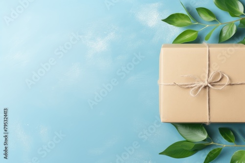 A sustainably wrapped gift box with a natural twine and green leaves on a pastel blue background. Eco-Friendly Wrapped Gift with Greenery