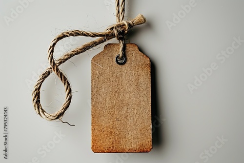 A close up of a blank wooden tag with a jute rope tied to it.