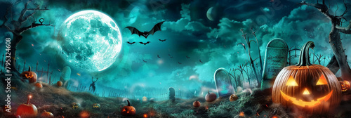 Halloween night background with a full moon, tombstones and pumpkins in the woods on green background,Spooky Forest At Night.horror, green halloween banner