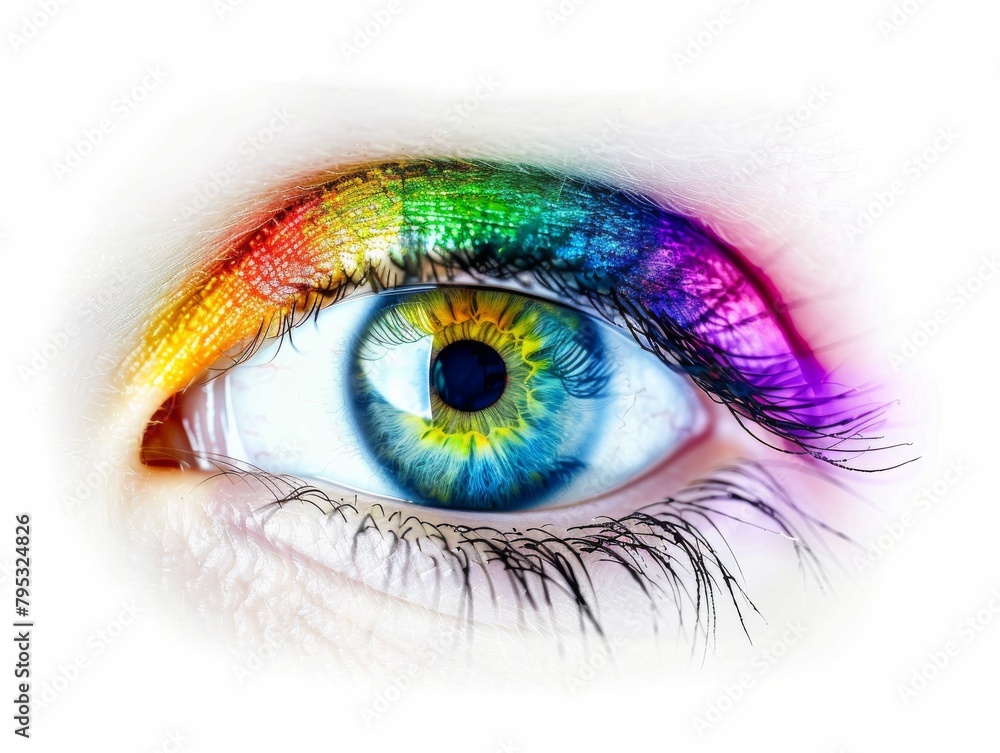 An eye with rainbow-colored eyeshadow. An eye with rainbow-colored eyeshadow.