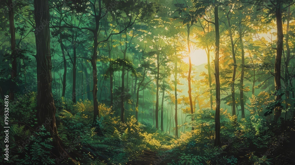 Obraz premium A dense forest with green trees and sunlight shining through the trees.