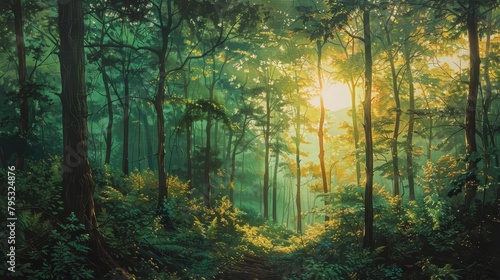 A dense forest with green trees and sunlight shining through the trees.