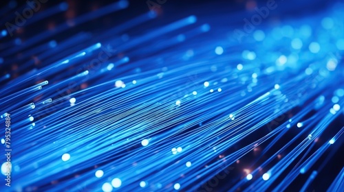 Fiber optics with glowing blue light for communication technology concept background.