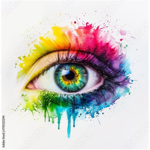 watercolor painting of an eye with bright rainbow colors