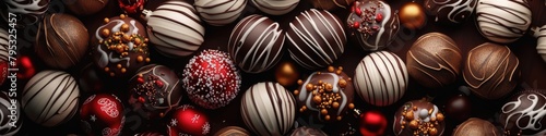 Array of chocolates creating a delectable backdrop, tempting the senses with their variety and richness.. photo