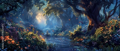 A magical forest with a river running through it. The trees are tall and the flowers are colorful. There is a light coming from the right side of the image.