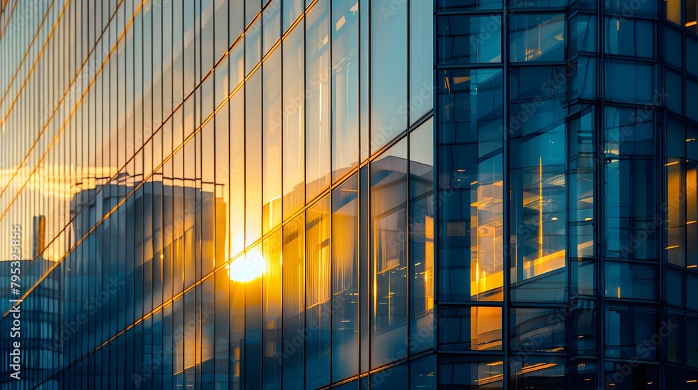 On the corner, a tall building adorned with numerous glass windows and panels stands proudly, creating a symmetrical facade in the city's skyline. On the corner, a tall building adorned with numerous glass windows and panels stands proudly, creating a symmetrical facade in the city's skyline.