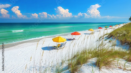 An idyllic beach scene with pristine white sands, azure waters, and colorful beach umbrellas dotting the shoreline, beckoning visitors to relax and unwind in the natural
