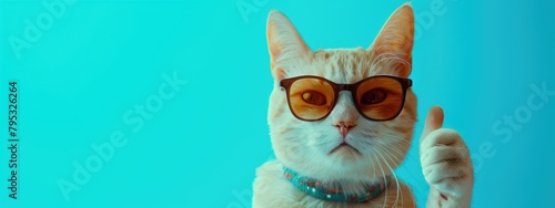 Charming image of a cute cat donning glasses, giving a thumbs-up sign, showcasing its endearing personality and clever demeanor.