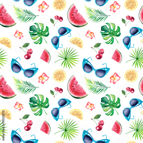 Watercolor seamless pattern for beach bar decoration. The illustration is hand painted. Set of elements: juicy fruits, cherry, lemon, watermelon, plumeria, sunglasses. For postcards, posters.