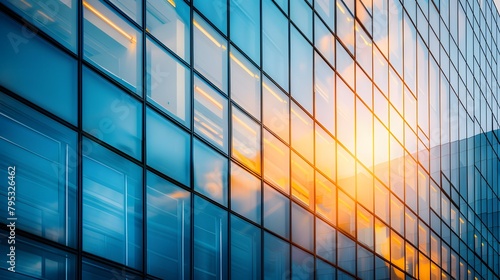 On the corner, a tall building adorned with numerous glass windows and panels stands proudly, creating a symmetrical facade in the city's skyline.