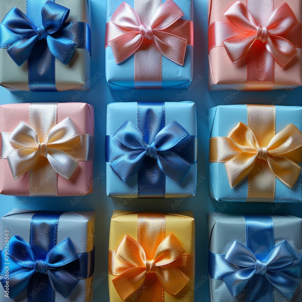 Nine wrapped presents from a top down view with pastel wrapping paper and ribbon.