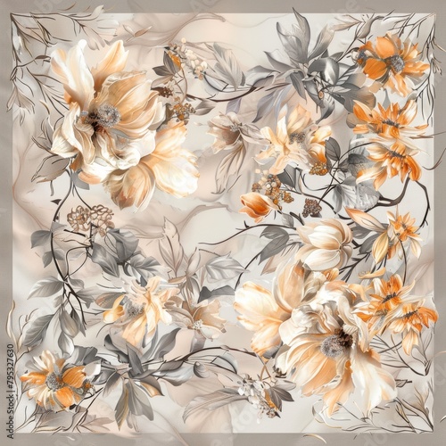 A square floral pattern with white, yellow, and orange flowers and grey leaves on a beige background. photo