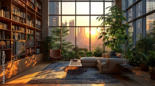 A cozy  stylish modern library with large floor-to-ceiling windows and tall cabinets full of a variety of books. Hobby  leisure and education concept