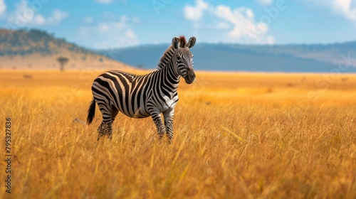 Zebras, which have thick black and white stripes. It is a symbol of the African savannah with a striking mountain silhouette in the background. It is a symbol of the true African safari experience. © Saowanee
