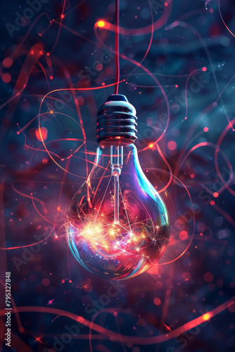 Suspended in a vast expanse of darkness, a solitary lightbulb hangs in mid-air, its filament aglow with a soft, luminous light. Glowing lights and abstract shapes around the light bulb 