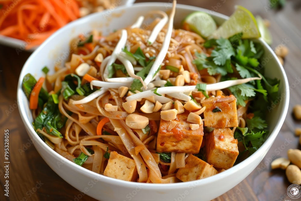 Bowl of vegetable pad thai with tofu and peanuts, a flavorful and nutritious meal