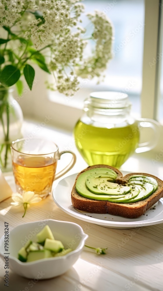 A heartshaped arrangement of sliced avocado on a plate, symbolizing heart health, with a side of whole grain toast and green tea in a lightfilled, airy kitchen setting A heartshaped arrangement of sliced avocado on a plate, symbolizing heart health, with a side of whole grain toast and green tea in a lightfilled, airy kitchen setting