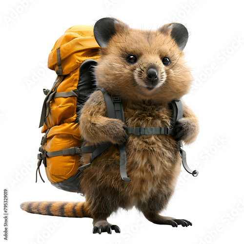 A 3D animated cartoon render of an energetic quokka seeking help for a stranded backpacker. photo
