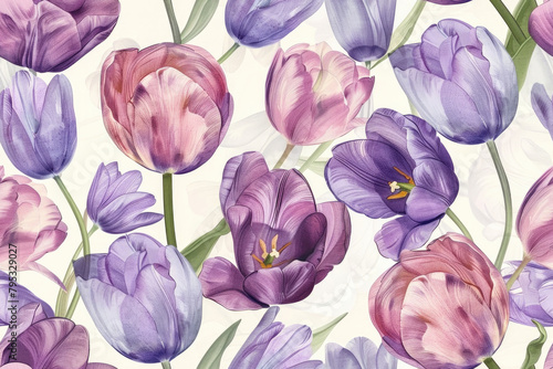 Seamless pattern of pastel purple tulips with foliage. Simple minimalistic illustration