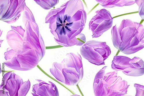 Seamless pattern of pastel purple tulips with foliage. Simple minimalistic illustration