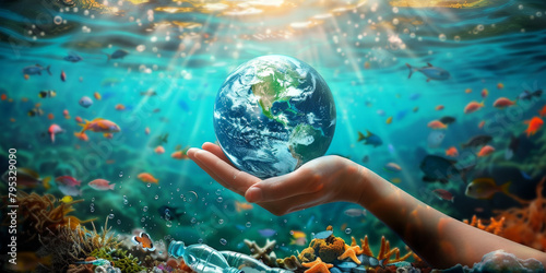 underwater view of a hand holding the Earth, with plastic bottles floating in water below as pollution continues to increase and sunlight shining on it. sea pollution