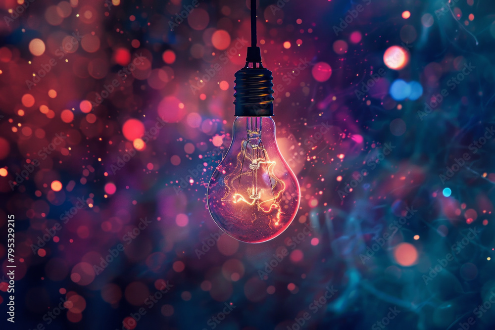 Suspended in a vast expanse of darkness, a solitary lightbulb hangs in mid-air, its filament aglow with a soft, luminous light. Glowing lights and abstract shapes around the light bulb Suspended in a vast expanse of darkness, a solitary lightbulb hangs in mid-air, its filament aglow with a soft, luminous light. Glowing lights and abstract shapes around the light bulb