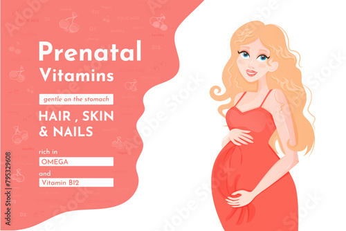 Prental Vitamins, Pregnancy. Prenatal vitamin packaging design. Pregnancy girl blond in a red dress hugs her belly. Vector illustration.