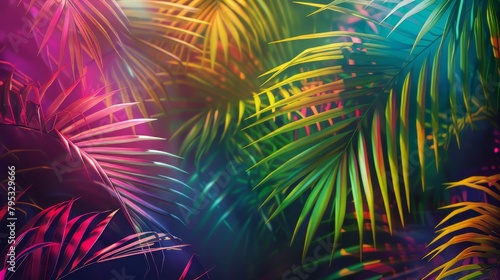 A colorful image of a tropical forest with many green leaves