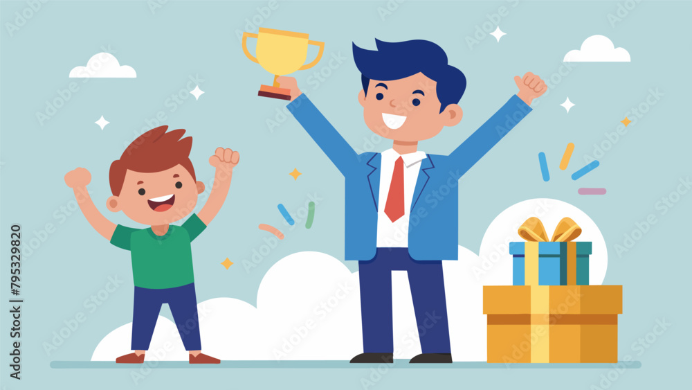 A boy enthusiastically presents his hero a successful entrepreneur who has overcome challenges and achieved great success inspiring him to A boy enthusiastically presents his hero a successful entrepreneur who has overcome challenges and achieved great success inspiring him to