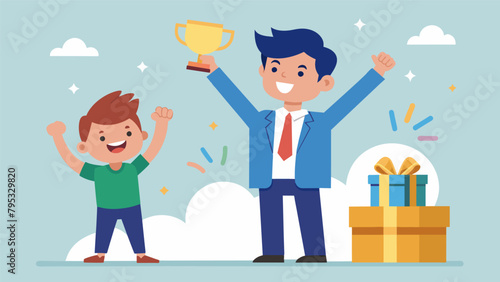 A boy enthusiastically presents his hero a successful entrepreneur who has overcome challenges and achieved great success inspiring him to