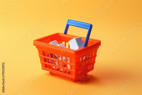 Miniature Shopping Basket with Household Items on Orange Background photo