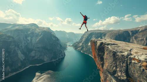 Extreme athletes performing daring stunts such as base jumping, skydiving, or cliff diving, showcasing the thrill and danger of high-risk activities. photo