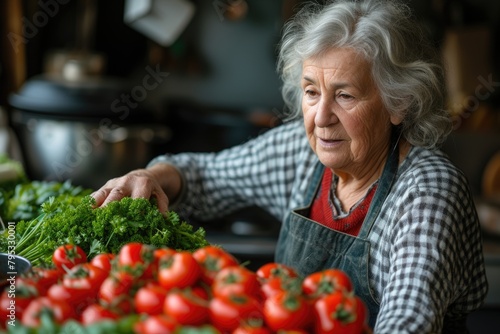 Elderly woman selecting parsley in a home kitchen.