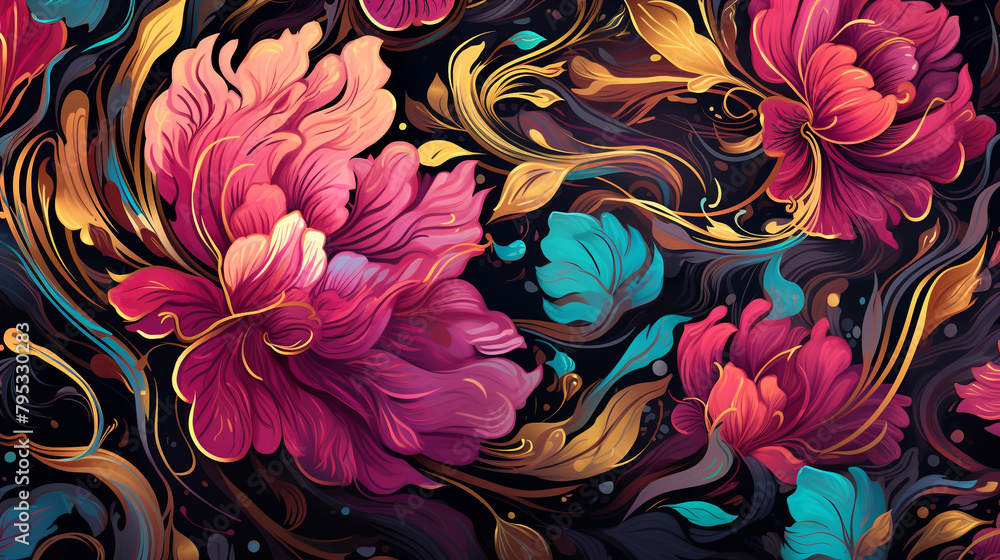 A vibrant array of multicolored flowers dancing gracefully in a seamless floral pattern, set against a soft pastel background. Delicate petals intertwine with lush greenery, creating. A vibrant array of multicolored flowers dancing gracefully in a seamless floral pattern, set against a soft pastel background. Delicate petals intertwine with lush greenery, creating.